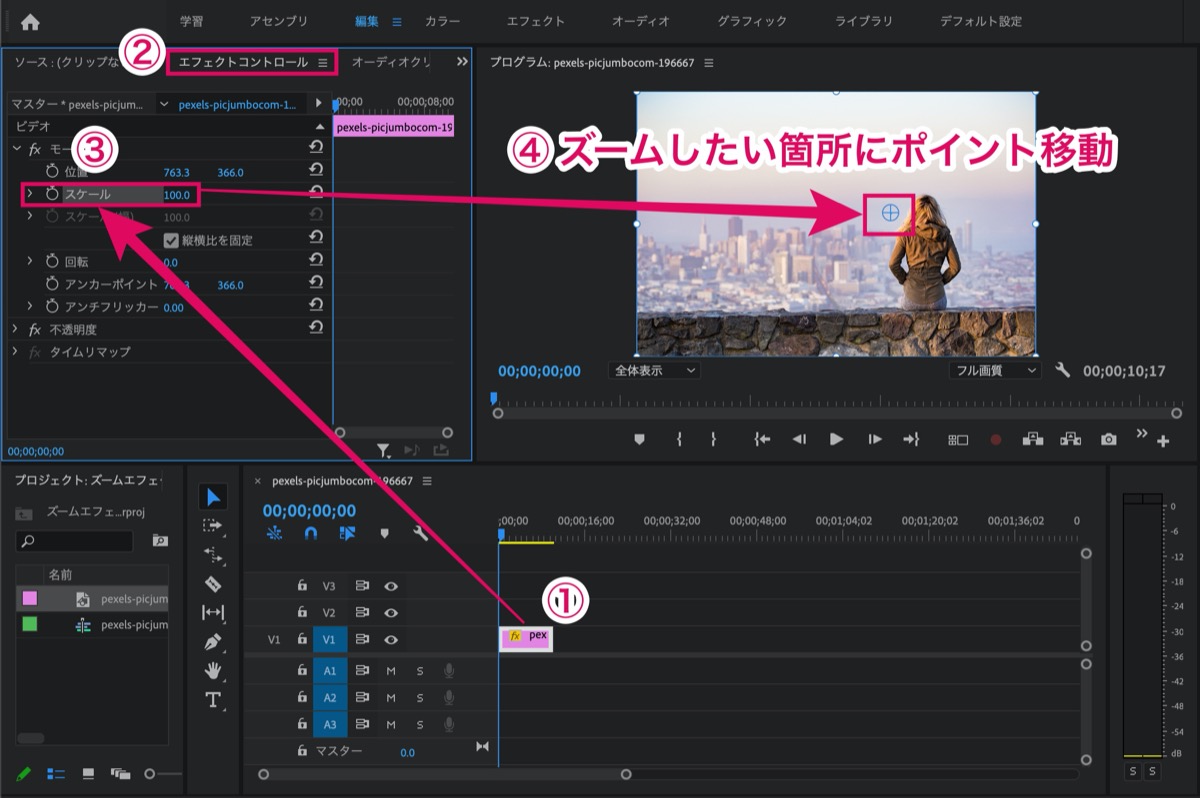 初心者向け Premiere Proでズームイン アウトさせる方法